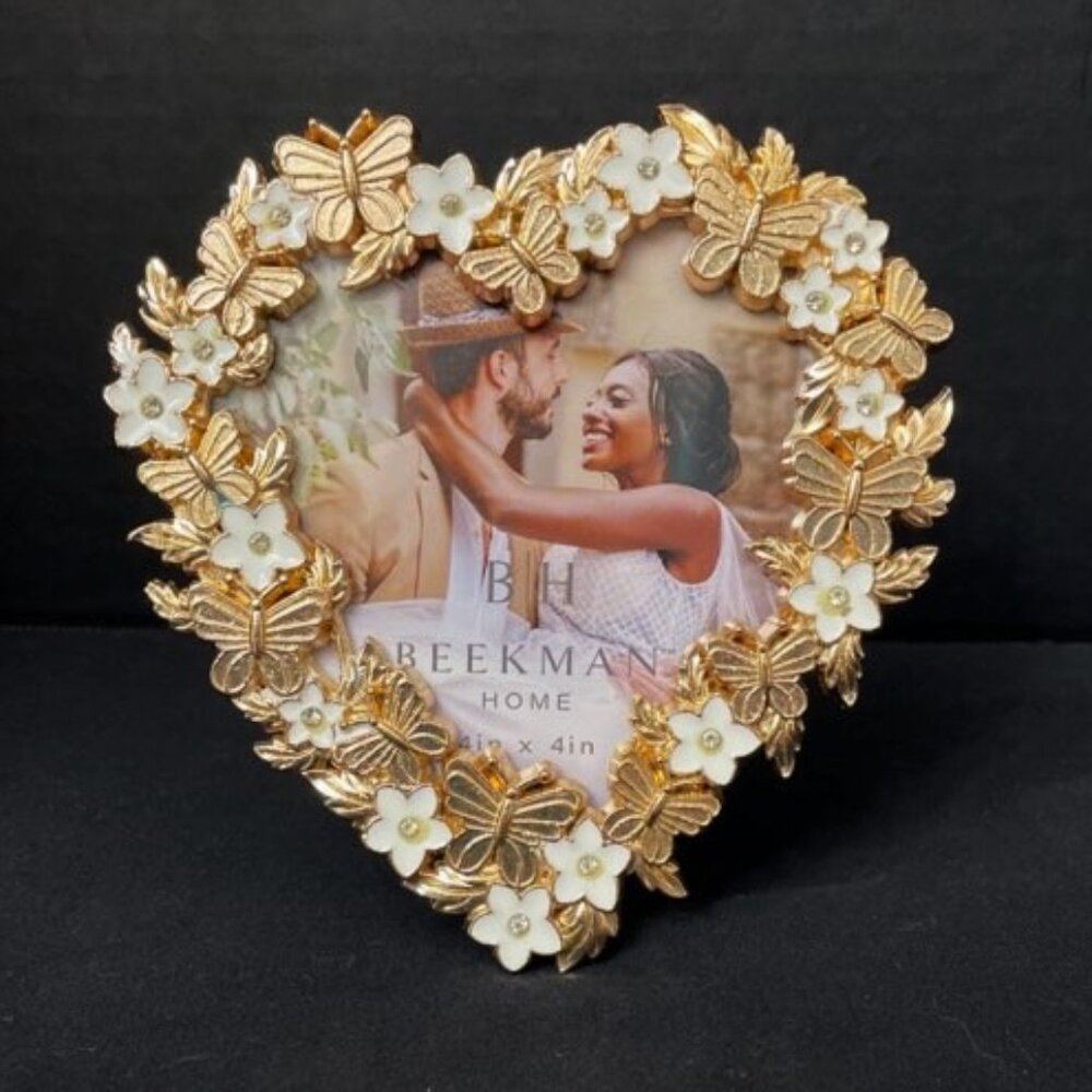 Beekman Home Picture Frame Heart Shaped Gold Butterflies White Flowers